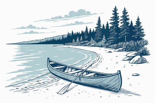 Create a bold, vector illustration of a canoe on a remote beach at sunset.  Focus on strong lines and a minimalist style.
