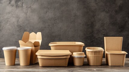 Collection of brown kraft paper food containers, including boxes with foldable lids and open trays, set against a clean white backdrop. Space for text placement.