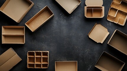 Collection of brown kraft paper food containers, including boxes with foldable lids and open trays, set against a clean white backdrop. Space for text placement.
