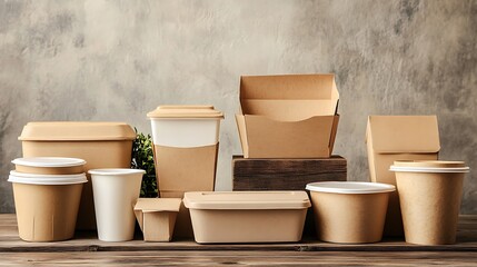 Collection of brown kraft paper food containers, including boxes with foldable lids and open trays, set against a clean white backdrop. Space for text placement.