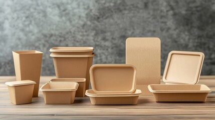 Collection of brown kraft paper food containers, including boxes with foldable lids and open trays, set against a clean white backdrop. Space for text placement.