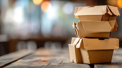 Collection of brown kraft paper food containers, including boxes with foldable lids and open trays, set against a clean white backdrop. Space for text placement.
