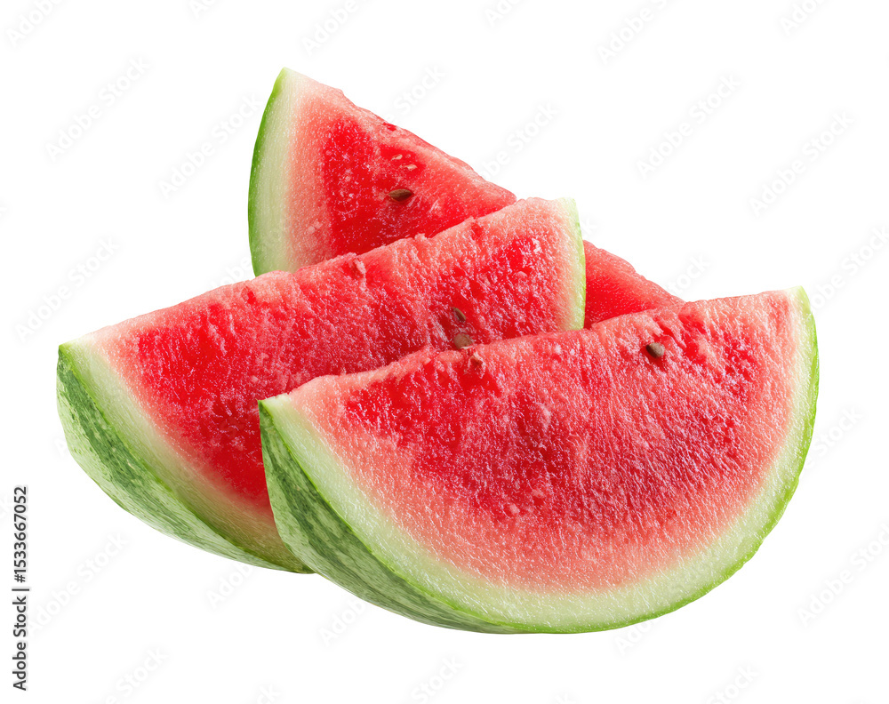 Poster fresh watermelon slices stacked close up view on transparent background