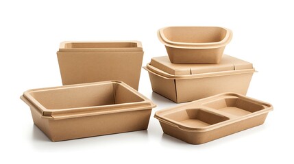Collection of brown kraft paper food containers, including boxes with foldable lids and open trays, set against a clean white backdrop. Space for text placement.
