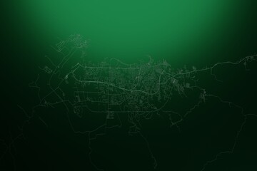 Street map of Malabo (Equatorial Guinea) engraved on green metal background. Light is coming from top. 3d render, illustration