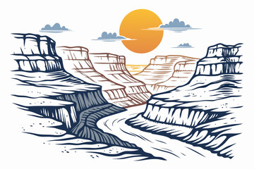 Create a bold, vector illustration of a dramatic desert canyon landscape featuring the Los Angeles skyline in the distance.