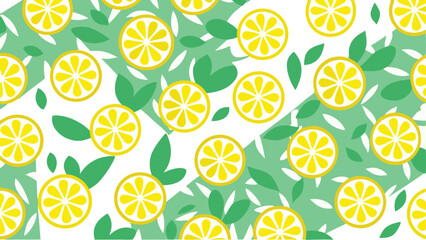 Seamless pattern of lemon slices and green leaves on a geometric background with white accents design art