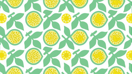 Repeating pattern of stylized yellow fruit and green leaves on a white background design art