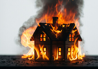Burning House Model – Symbol of Home Fire Insurance Risk & Protection Concept white background 