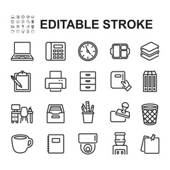 Collection of icons related to various objects in the office. Thin line style vectors. Contains icons such as laptop, work desk, trash can and more.