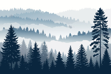 Create a bold vector illustration of a foggy forest scene with an ominous, slightly mystical feel.  Emphasize thick, dark strokes.