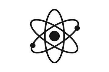 Atom symbol in black and white, with electrons orbiting nucleus, representing science and chemistry concepts. Isolated on transparent background.