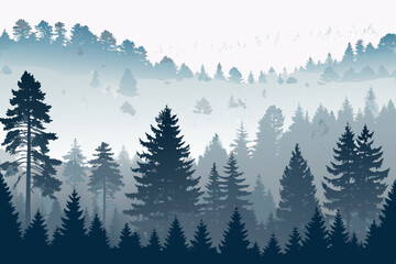 Obraz premium Create a bold vector illustration of a foggy forest scene, emphasizing thick, dark tree trunks and a mystical, atmospheric feel. Overlapping tree shapes.