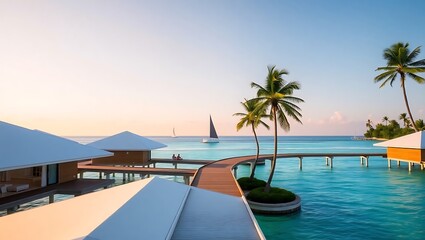 Fototapeta premium Luxury overwater bungalow resort at sunset