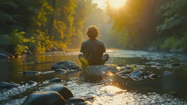 Man meditating by tranquil river at sunrise. Person sits on rocks in peaceful nature scene. Serene morning meditation by flowing water. Perfect image for wellness, mindfulness, and tranquility themes.