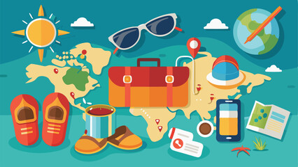 Travel and vacation themed vector illustration with world map and travel elements