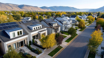 Top down view of a row of residential homes with solar panels on the roof. The concept of an alternative energy source, energy saving, careful attitude to our planet Earth.
