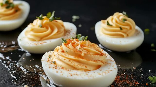 Deviled egg diving into splash, yolk topping and egg white frozen under clean lighting on black