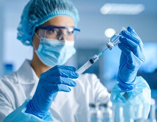 Female doctor working with syringe needle and ampoule of medicine. A scientist in sterile clothes is making a vaccine drug