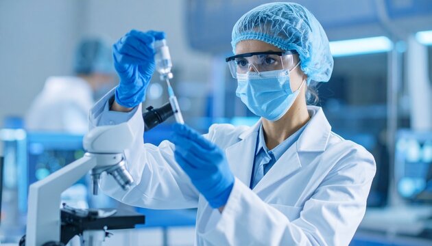 Female doctor working with syringe needle and ampoule of medicine. A scientist in sterile clothes is making a vaccine drug