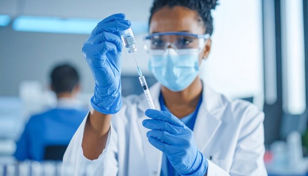 Female doctor working with syringe needle and ampoule of medicine. A scientist in sterile clothes is making a vaccine drug
