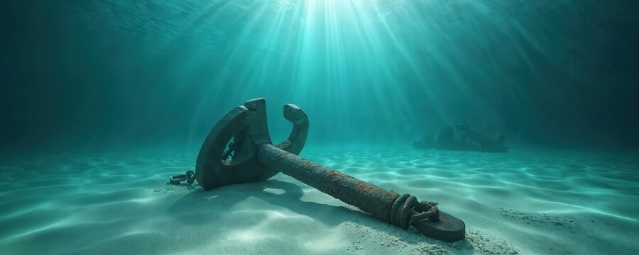 Rusty ship anchor underwater. Sun rays light up water. Sandy seabed bottom with some rocks. Concept of wreck, ship graveyard, maritime history. Turquoise ocean, marine life ecosystem.