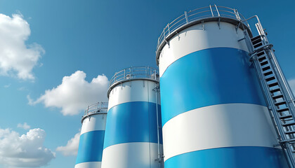 Hydrogen storage tanks against blue sky. Cylindrical metal vessels with blue stripes, ladders for maintenance. Clean energy tech, eco-friendly industrial infrastructure. Energy transition, future of