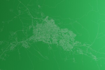 Map of the streets of Tabriz (Iran) made with white lines on green paper. Rough background. 3d render, illustration
