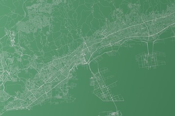 Stylized map of the streets of Kobe (Japan) made with white lines on green background. Top view. 3d render, illustration