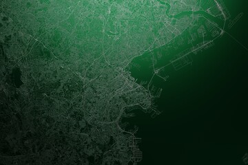 Street map of Yokohama (Japan) engraved on green metal background. Light is coming from top. 3d render, illustration