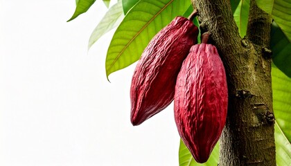 Cocoa on a tree. using macro technique. white background. copy space