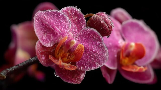 Pink Orchid Dew Drops Closeup.