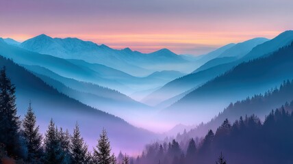 Obraz premium Ethereal Mountain Vista: Pastel Fog Layers