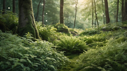 Fototapeta premium Realistic background with a harmonious blend of green tones — mint, sage, olive, and pastel green — creating a soft, cozy, and cute atmosphere. Smooth gradients, subtle textures like soft leaves, 