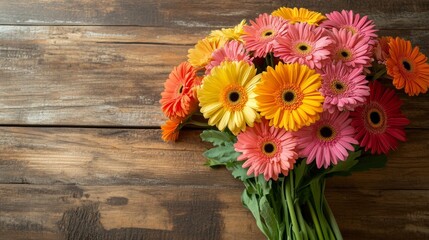 Fototapeta premium A colorful bouquet of gerbera daisies in shades of pink, orange, and yellow rests on a rustic wooden surface. The bright flowers contrast beautifully with the natural wood texture in soft light.