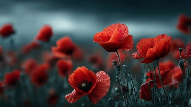 Red Poppies Field with Moody Sky.
