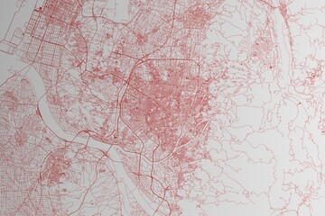 Obraz premium Map of the streets of Taichung (Taiwan) made with red lines on white paper. 3d render, illustration