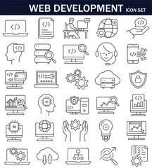 Line style web development icon set featuring coding, AI, cloud computing, data analytics, server security, and digital communication elements. Ideal for tech, and IT design projects