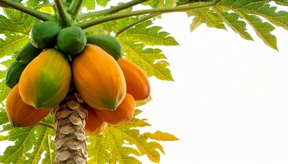 Papaya on a tree. using macro technique. white background. copy space