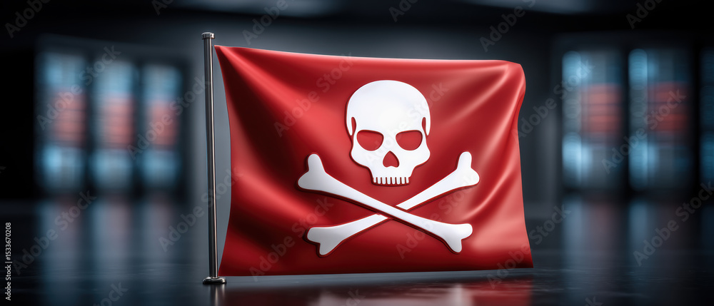 Poster pirate flag with skull and crossbones symbol waving on reflective surface representing network secur