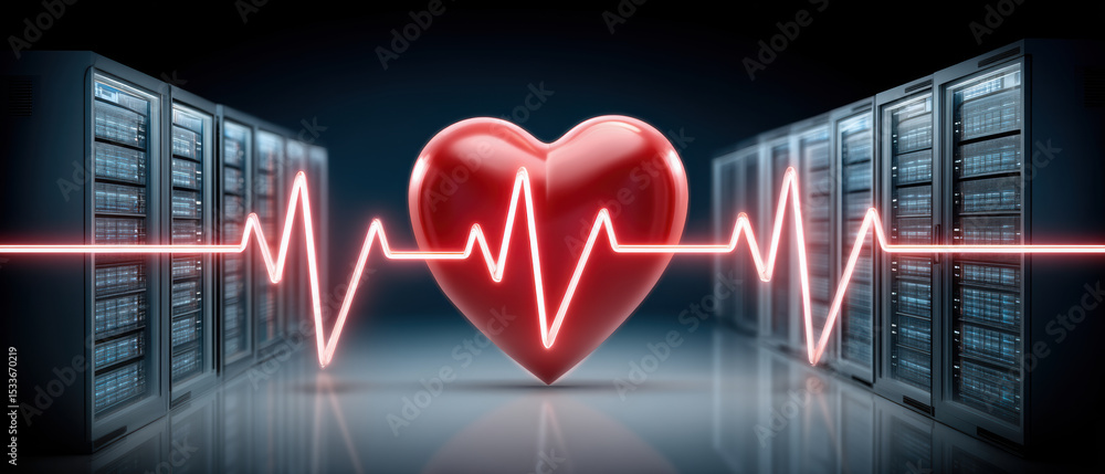 Poster network security concept with heartbeat line and red heart symbol between server racks in data cente