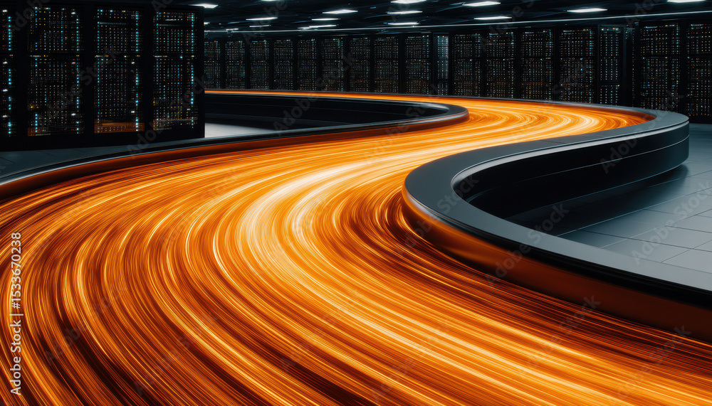 Poster network security concept with glowing orange data stream flowing through server room with black rack