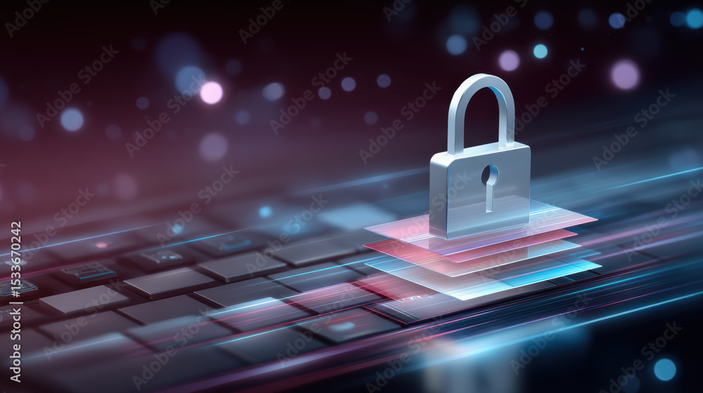 Poster network security concept with lock icon and digital layers on keyboard symbolizing data protection a
