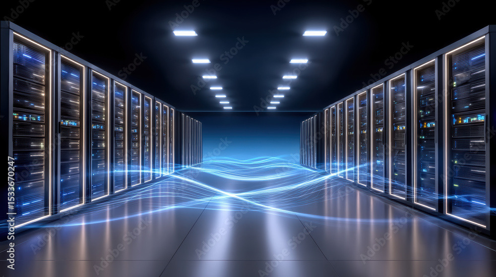 Poster network security concept with server room and glowing data flow lines in modern data center with blu