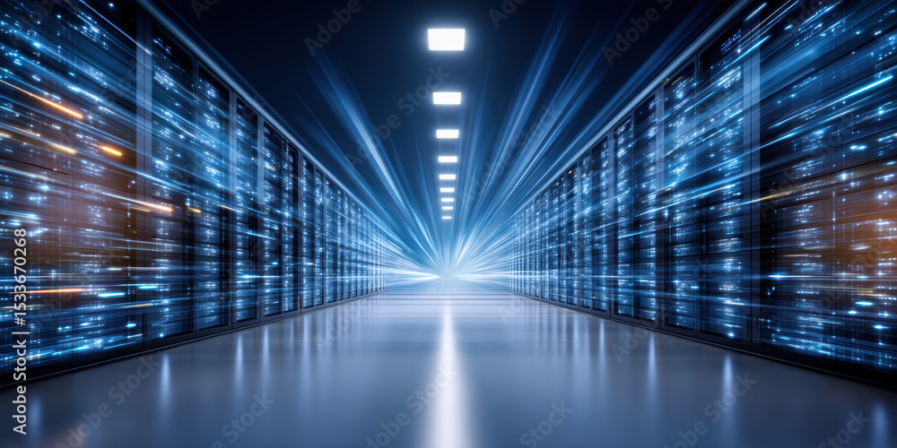 Poster data center network security with rows of server racks glowing blue in futuristic corridor filled wi