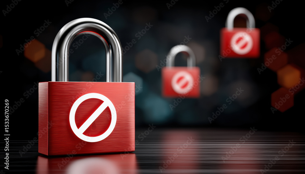 Poster red padlock with prohibition symbol representing network security and protection against unauthorize