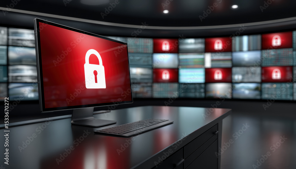Poster network security concept with computer monitor showing lock icon and multiple screens in control roo