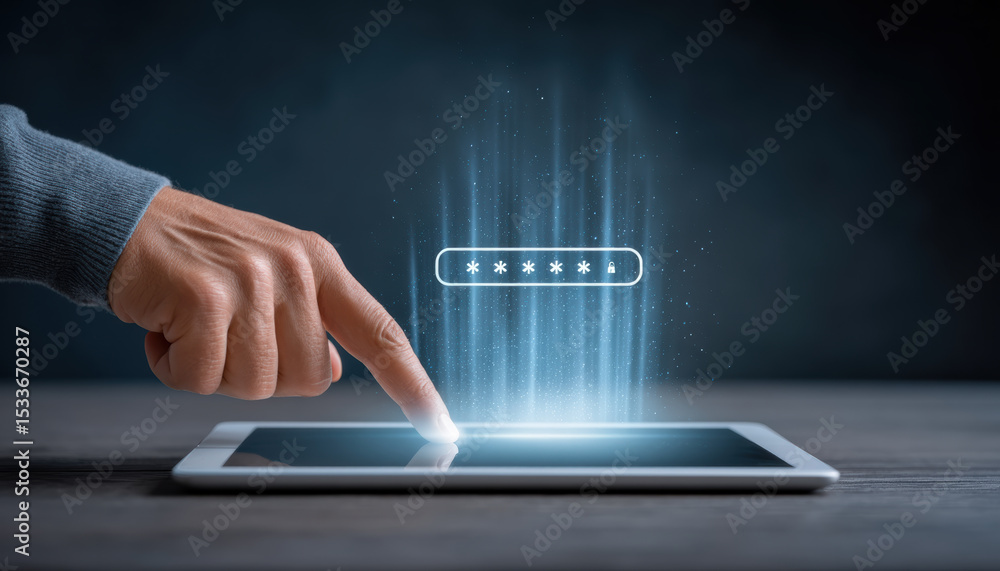 Poster person uses tablet with glowing password input symbol above screen representing network security and