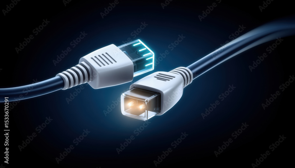 Poster network cable connectors glowing with light symbolizing security and data transfer in digital enviro