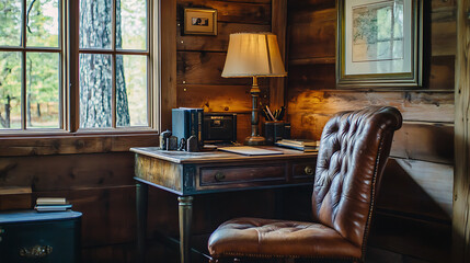 Modern home office with laptop with blank screen, Luxury work room. Bright expansive interior.
